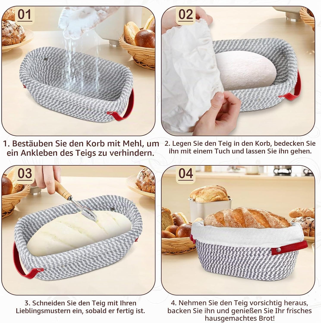 Brot Gärkörbchen Set, 14-Teilig Sauerteig Starter Set mit 2 Gärkörbe Rattan, Sauerteig Starterglas,