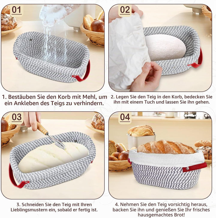 Brot Gärkörbchen Set, 14-Teilig Sauerteig Starter Set mit 2 Gärkörbe Rattan, Sauerteig Starterglas,