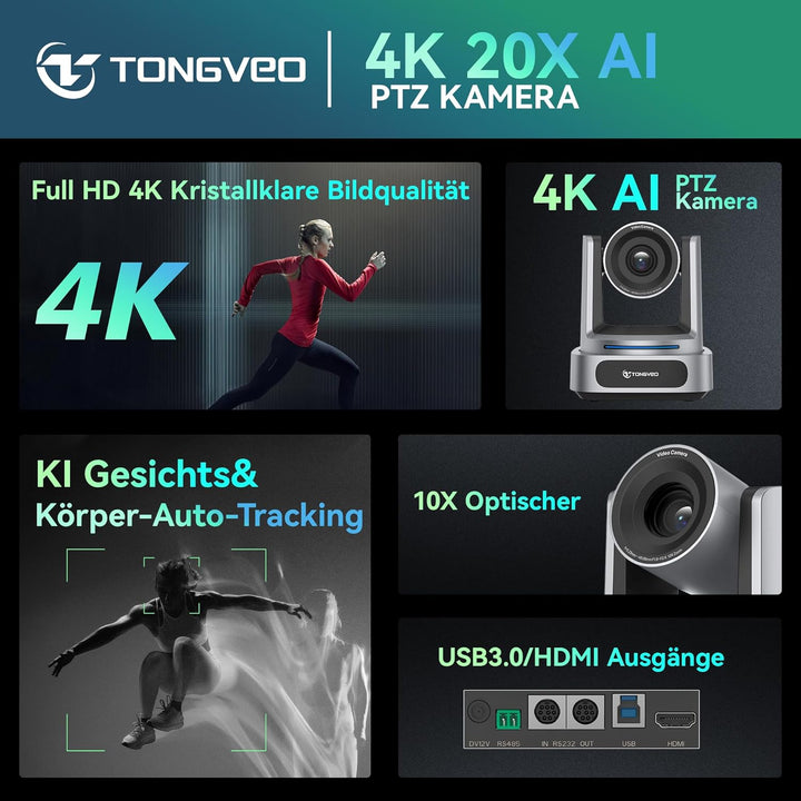 TONGVEO AI 4K PTZ Kamera mit Auto-Tracking, 10-facher optischer Zoom Videokonferenzkamera, HDMI & US