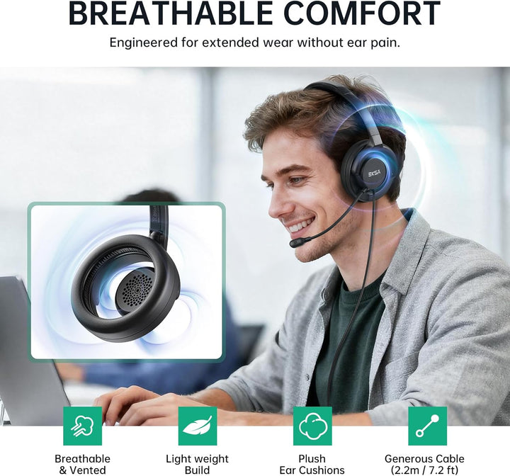 EKSA H27 PC Headset mit Mikrofon, Open-Ear Headset mit Kabel, Headset mit Geräuschunterdrückung, USB