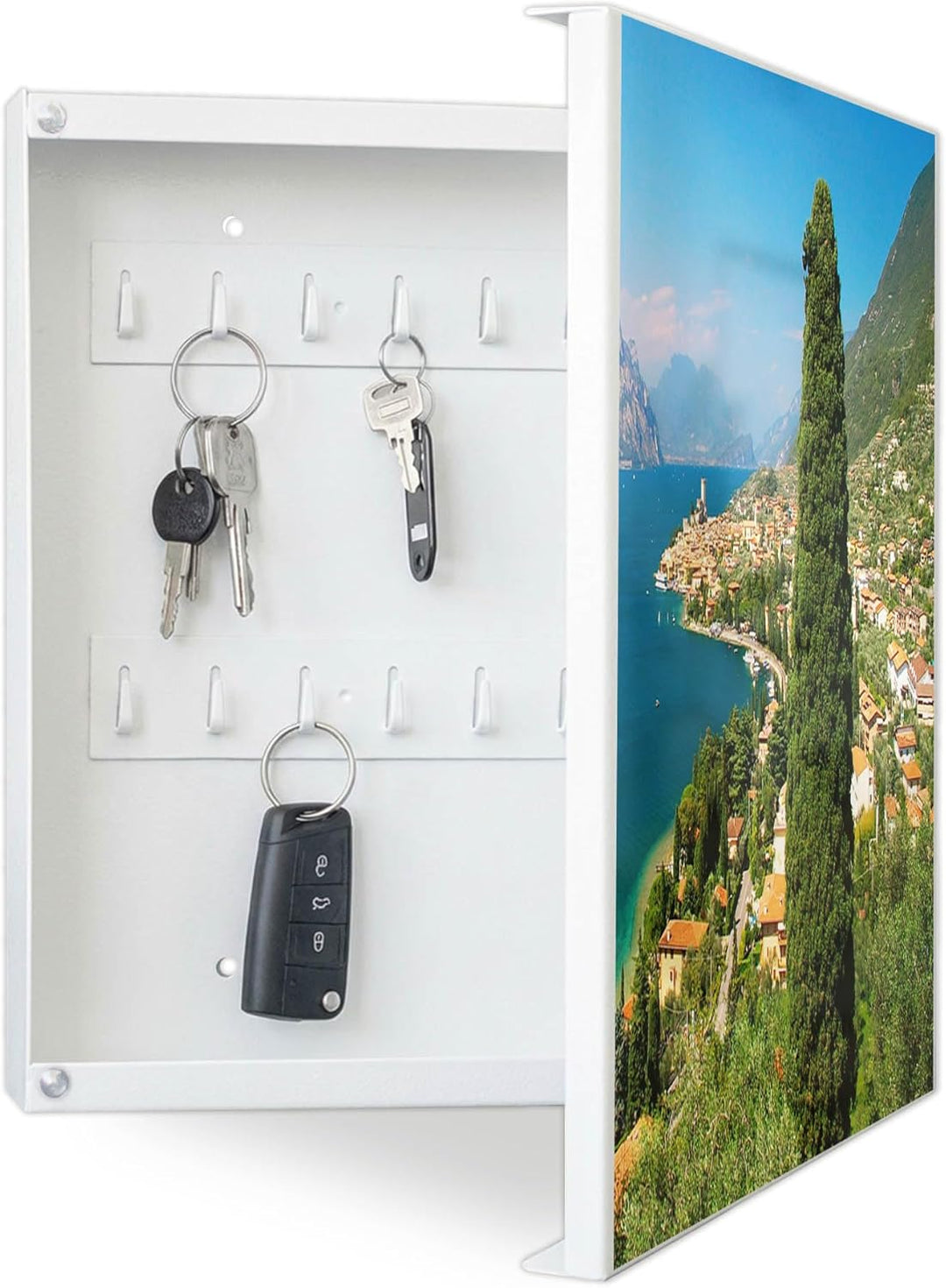 banjado® Grosser Schlüsselkasten Glas/Schlüsselbox 30cm x 30cm mit 50 Haken - Motiv Gardasee/Schlüss