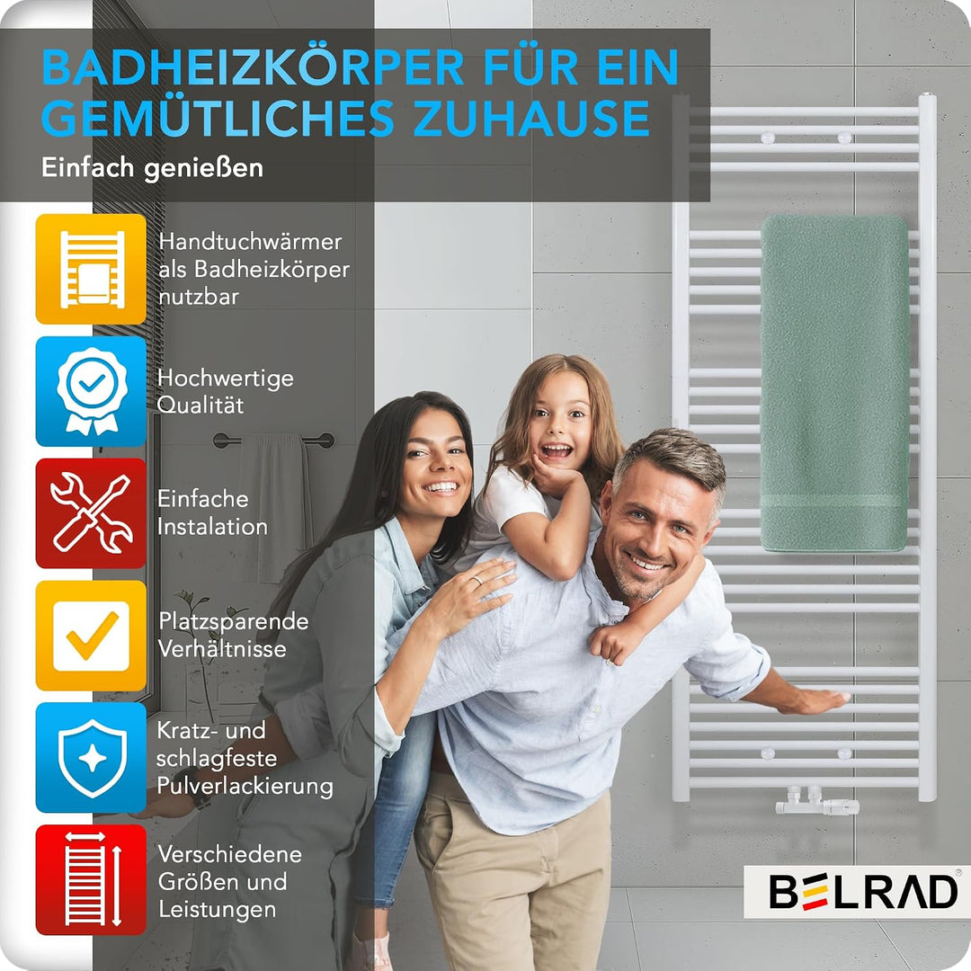 Belrad® Badheizkörper mit Mittelanschluss - Moderner Handtuchheizkörper aus Qualitätsstahl - Weiss p