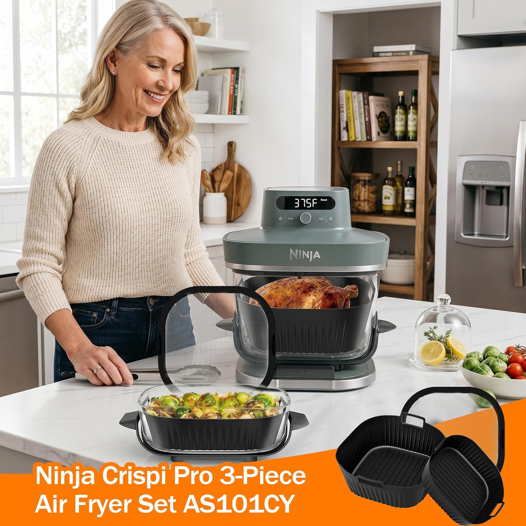 3 Stück Airfryer Silikon Zubehör für Ninja Crispi Pro AS101 Spritzschutzgitter + Silikonauskleidung