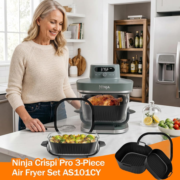 3 Stück Airfryer Silikon Zubehör für Ninja Crispi Pro AS101 Spritzschutzgitter + Silikonauskleidung