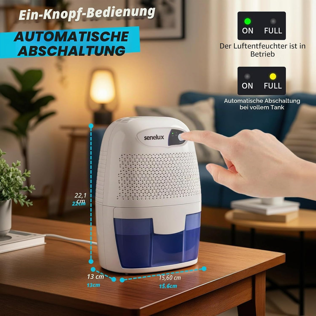 Senelux Leistungsstarker Mini-Luftentfeuchter, 500 ml, tragbar, leise, kleiner Luftentfeuchter, effi