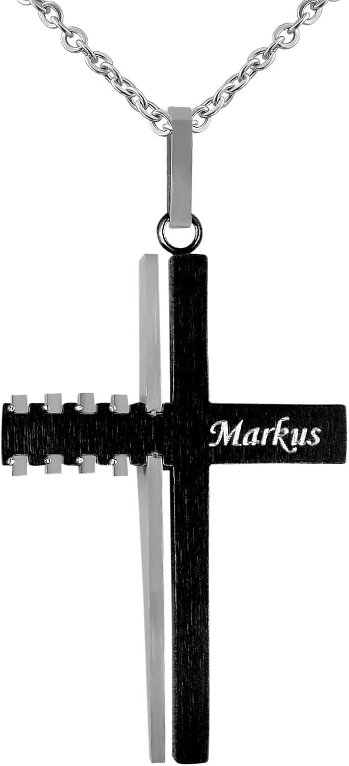 Hanessa Personalisierte Kette mit Gravur Edelstahl 45-60 cm mit Anhänger Kreuz schwarz und silber -