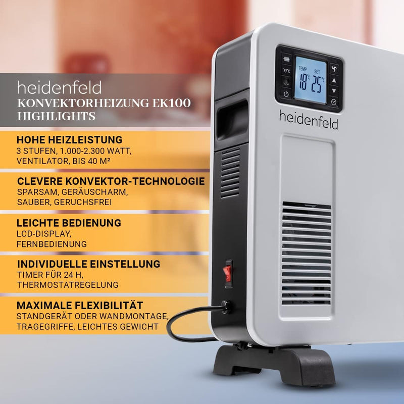 Heidenfeld Elektro Konvektorheizung EK100 | 2300 Watt - Fernbedienung - Timer - LCD-Display - Heizkö