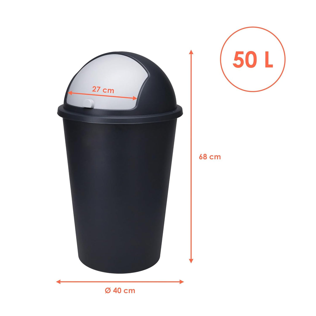 Spetebo XL Abfalleimer mit Schiebedeckel schwarz - 50 L - Runder Mülleimer mit Kuppel Deckel - Kosme