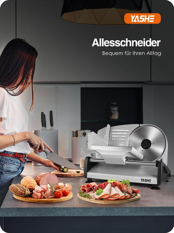 YASHE Allesschneider Elektrisch, 250W Brotschneidemaschine mit 19cm Gezahntem & Glattem Messer, Eins