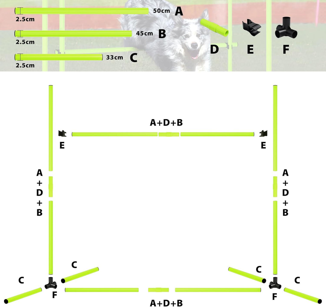 Agility Set Hunde Hürdenset Slalom Stangen Agility Ausrüstung für Hundetraining mit 4 x Hürden Höhen