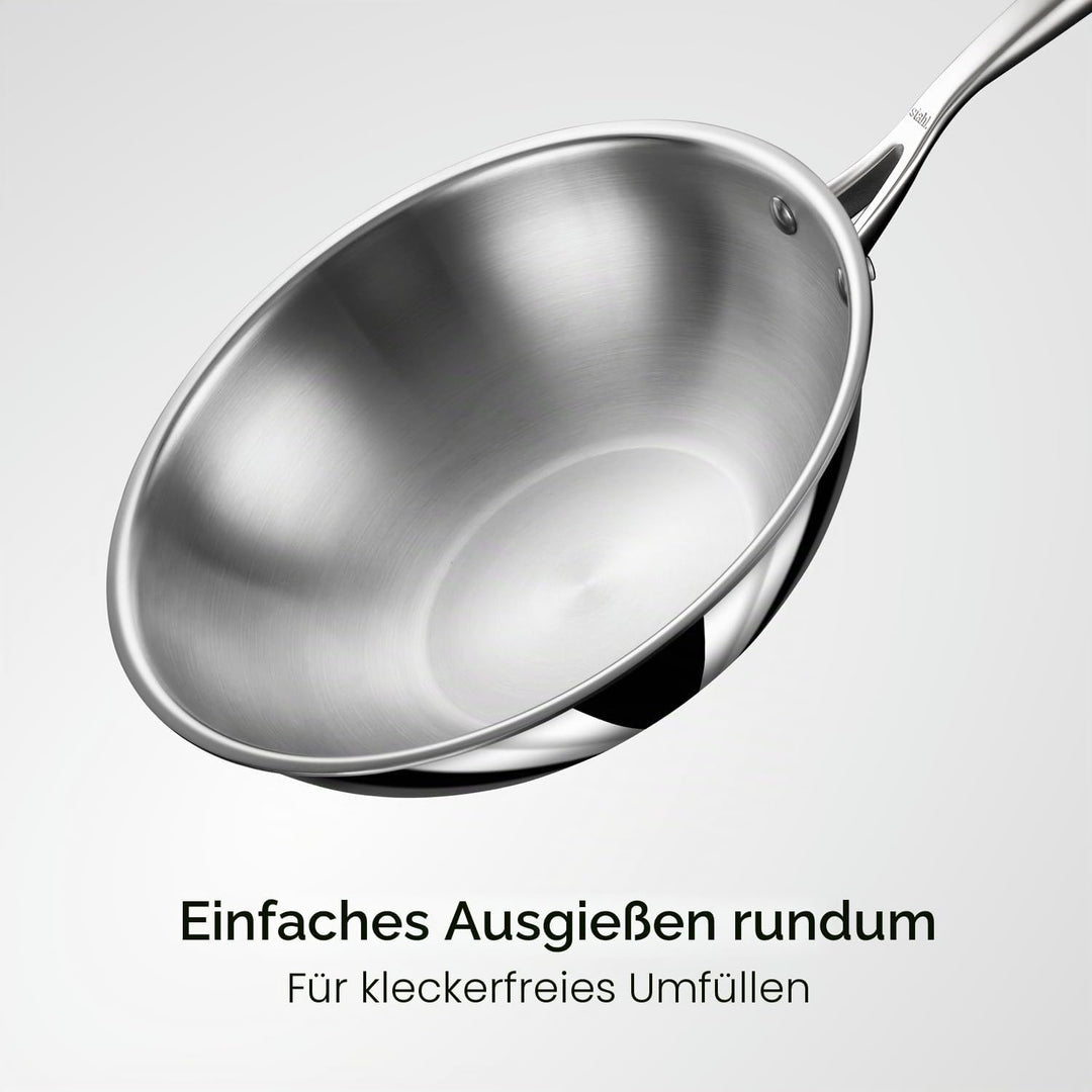 Stahl Artisan Triply Edelstahl-Wok mit Deckel, tiefe Bratpfanne, Induktionsboden, Brat-Wok, Induktio