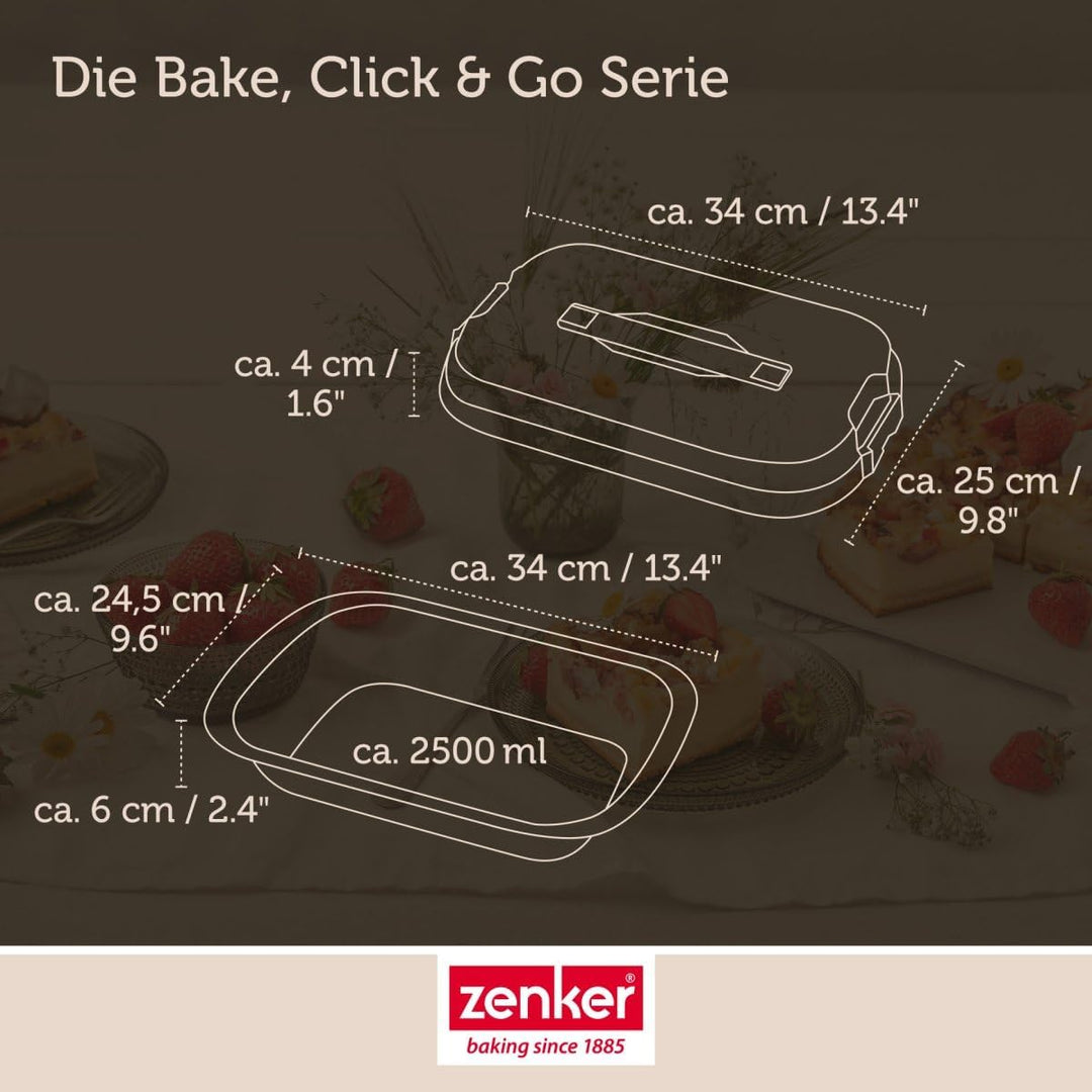 Zenker Bake, Click & Go Dessert- und Auflaufform mit Haube – 34 x 24,5 x 8 cm – Backform mit passend