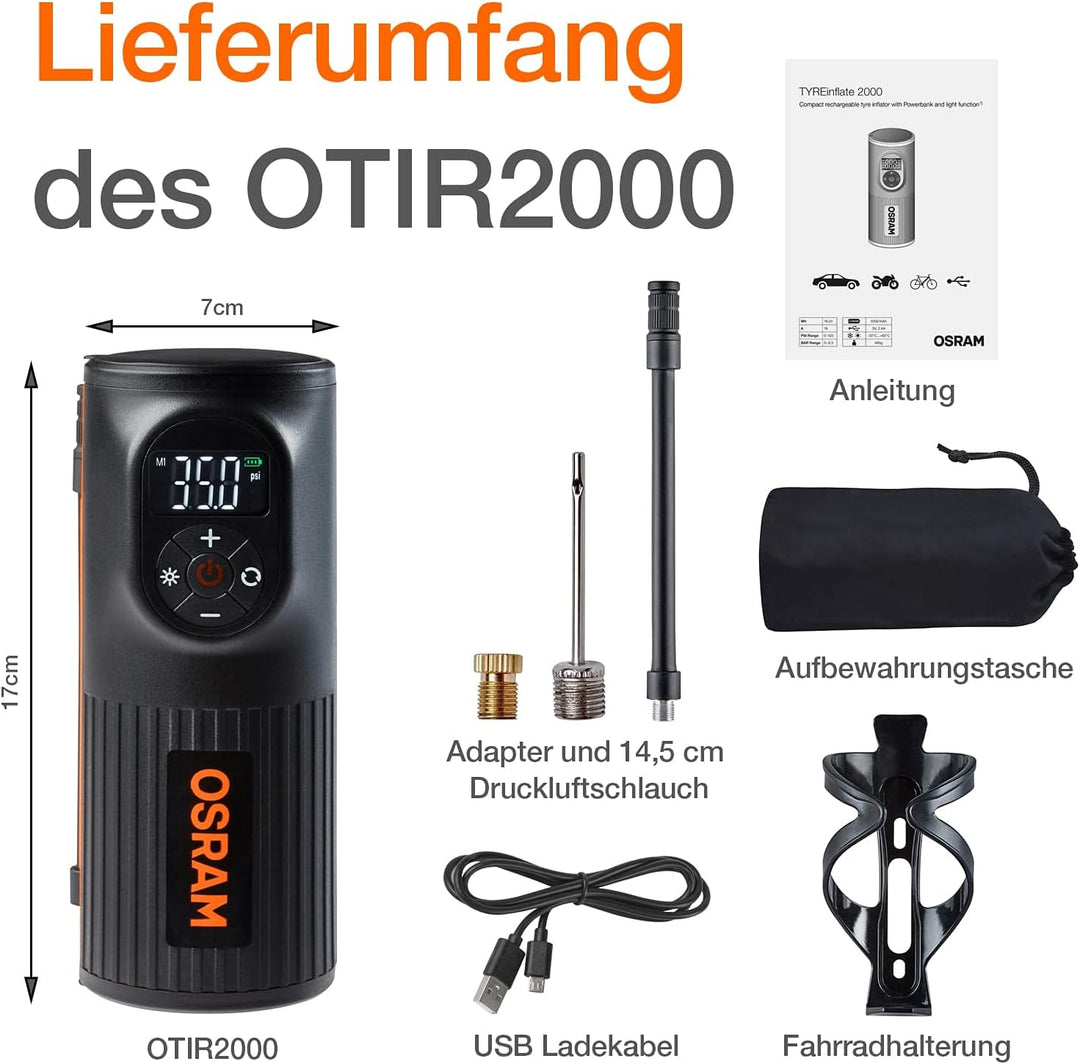 OSRAM TYREinflate 2000, kompakte wiederaufladbare Reifenpumpe mit LED Licht, tragbarer Kompressor fü