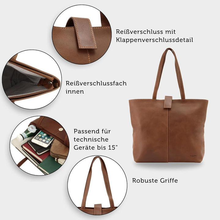 Gusti Shopper Leder - Alexandra Handtasche Damen Arbeitstasche Leder Braun, Braun