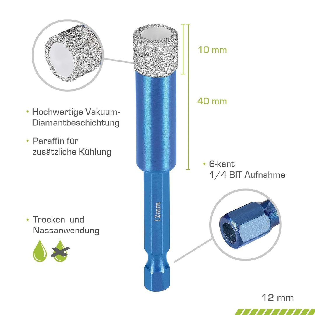 Profi Fliesenbohrer 12mm BIT Adapter - Diamantbohrer für Feinsteinzeug, harte Fliesen uvm. Diamantbo