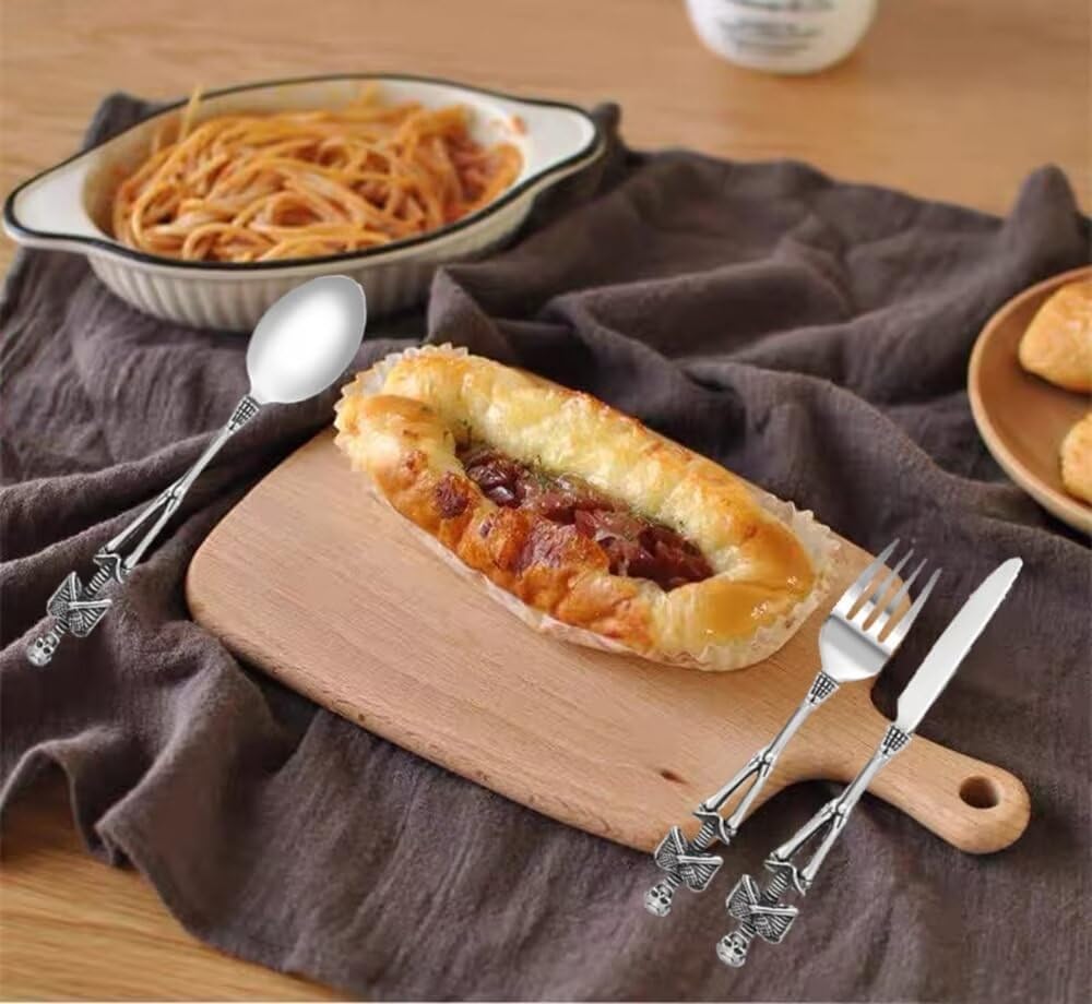 Skelett-Besteck-Set, Persönlichkeitsschädel aus Edelstahl, einzigartiges Design, Löffel, Gabel für H
