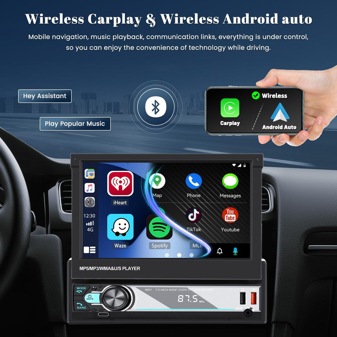 Hikity AM FM Autoradio 1 Din Wireless Carplay Android Auto, 7 Zoll Manuelle Ausfahrbarem Display Tou