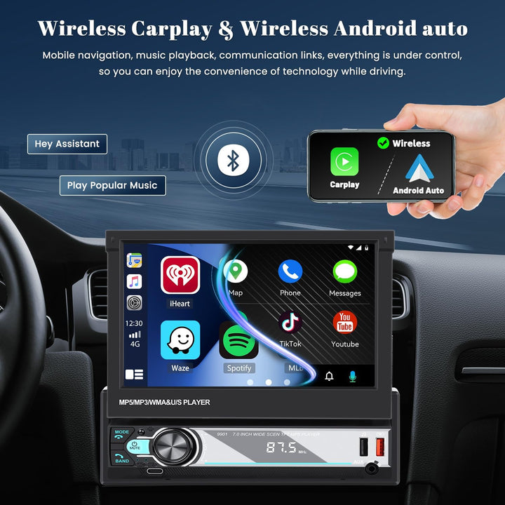 Hikity AM FM Autoradio 1 Din Wireless Carplay Android Auto, 7 Zoll Manuelle Ausfahrbarem Display Tou