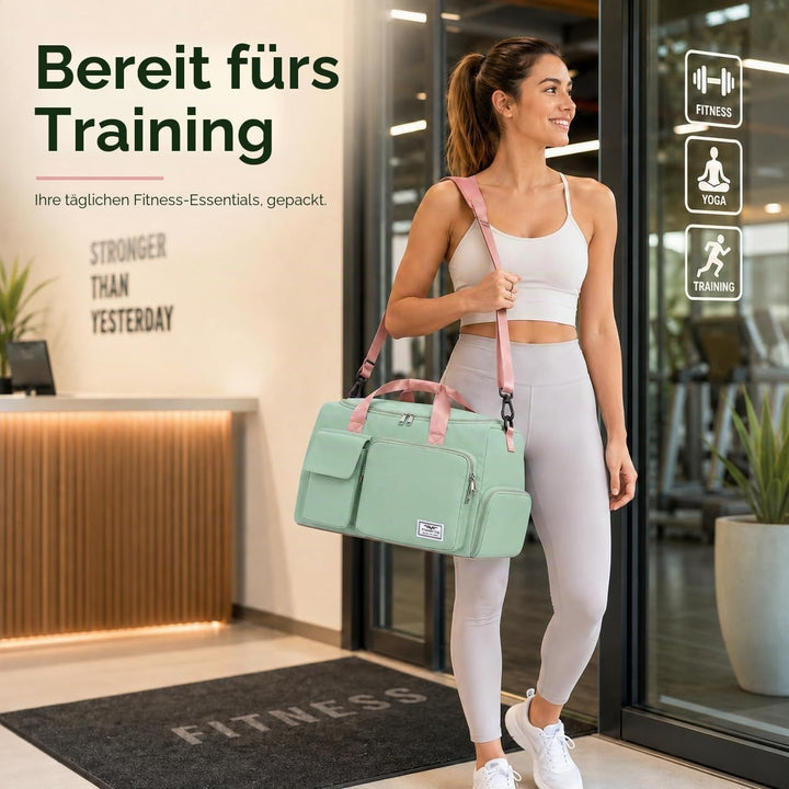 FIORETTO 35L Damen Sporttasche Faltbare Reisetasche mit Schuhfach und Nassfach, Wasserabweisende Wee