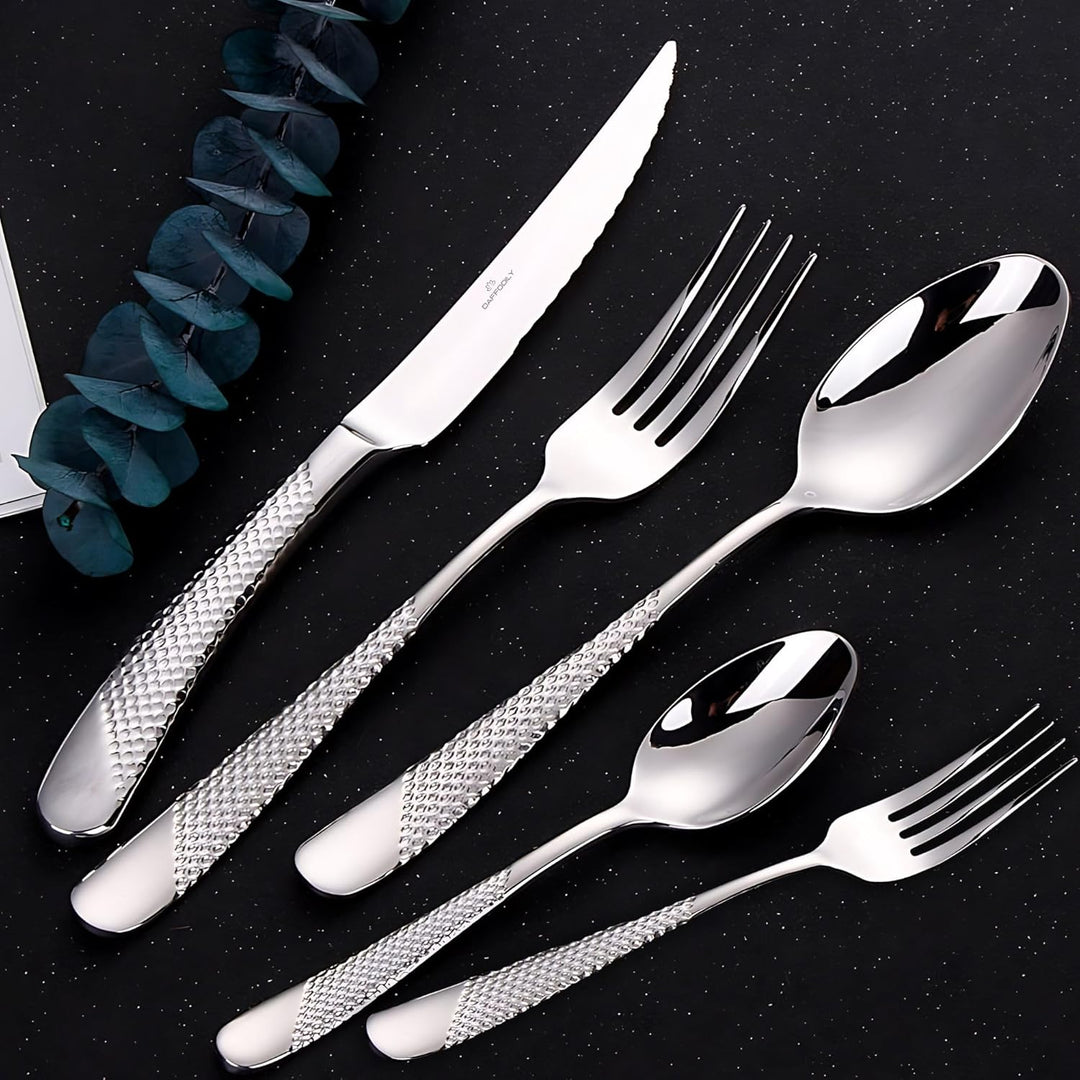 DAFFODILY Luxus-Besteck-Set, 20-teilig, 18/10 Edelstahl, Besteckset für 4 mit 2-in-1-Steakmessern, s