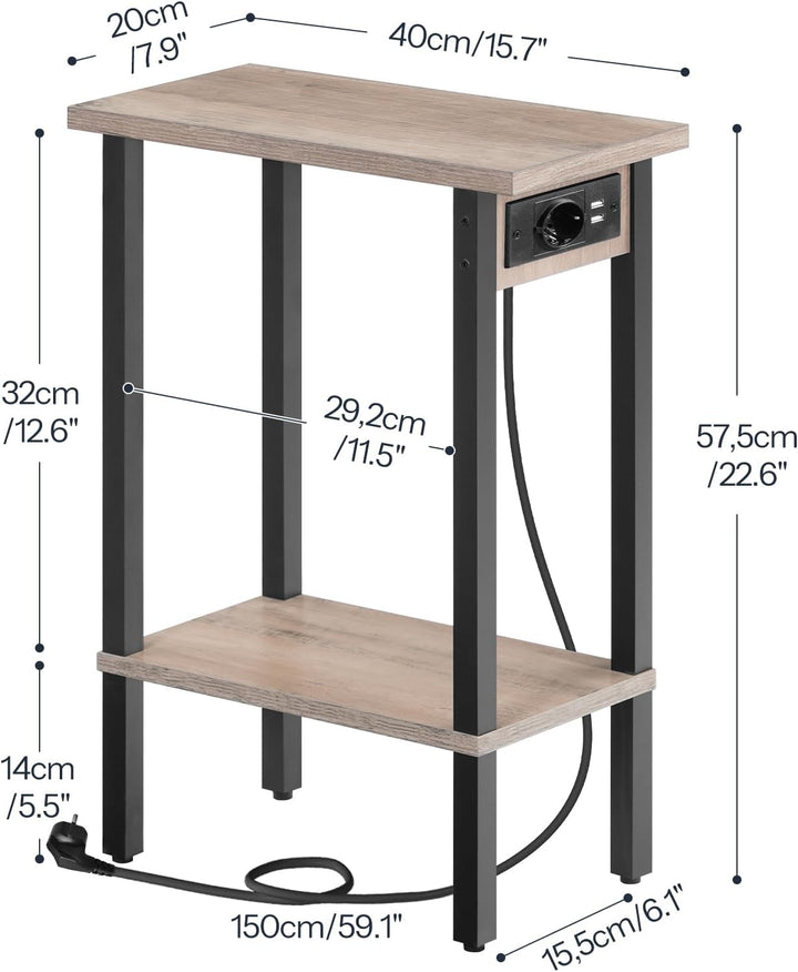 HOOBRO Schmaler Beistelltisch mit 2 Ebenen, Sofatisch mit Ladestation, Nachttisch mit Ablage, Coucht