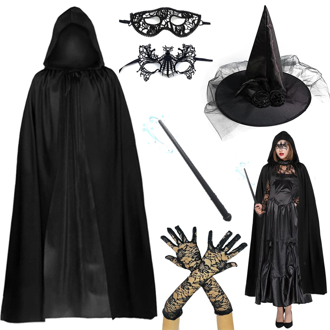 Shinybox Hexenkostüm Damen Halloween, 7 Stück Halloween Kostüm Damen mit Schwarzer Umhang, Hexenhut,