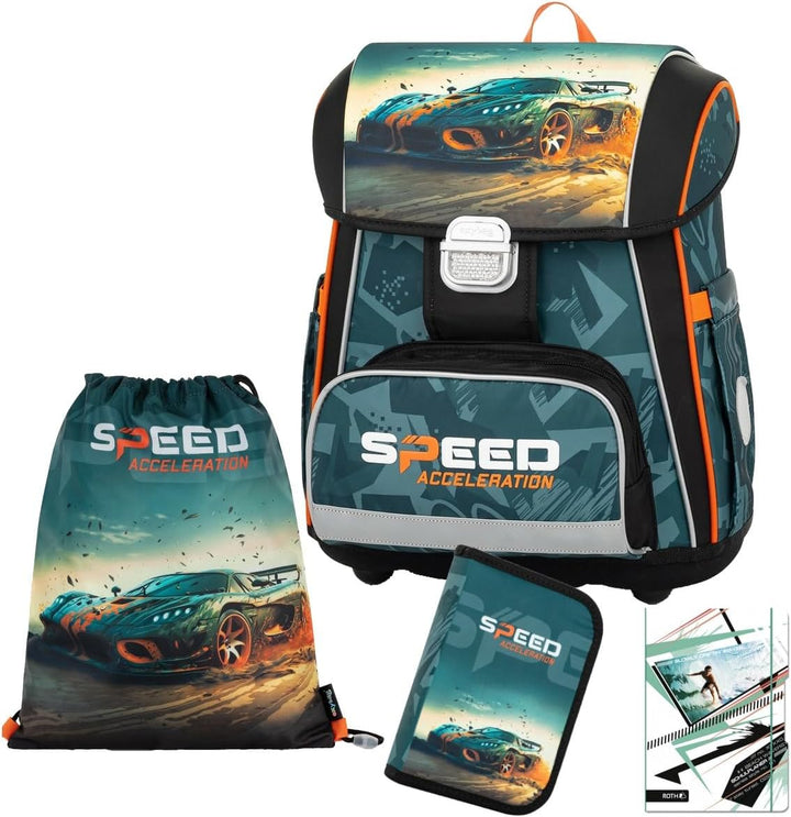 Generisch Auto - Speed Acceleration - Race - OxyBag Premium Schulranzen-Set (4 teilig), 4 teilig