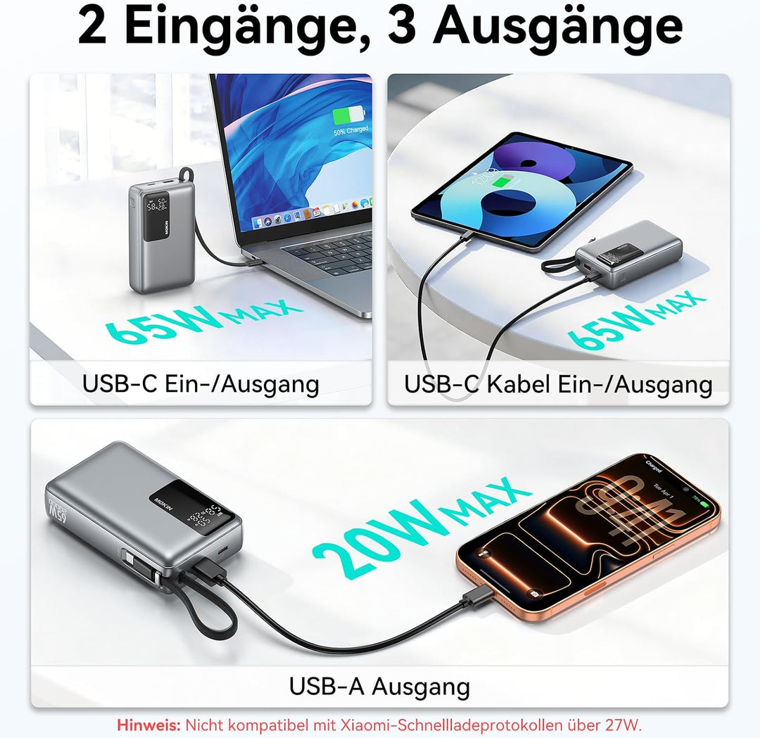 Power Bank, 65W 20000mAh Powerbank Schnellladefunktion USB C PD3.0 & QC4.0 Tragbarer Externer HandyA