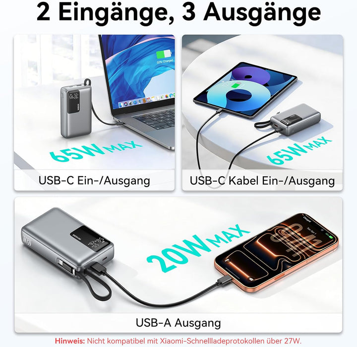 Power Bank, 65W 20000mAh Powerbank Schnellladefunktion USB C PD3.0 & QC4.0 Tragbarer Externer HandyA