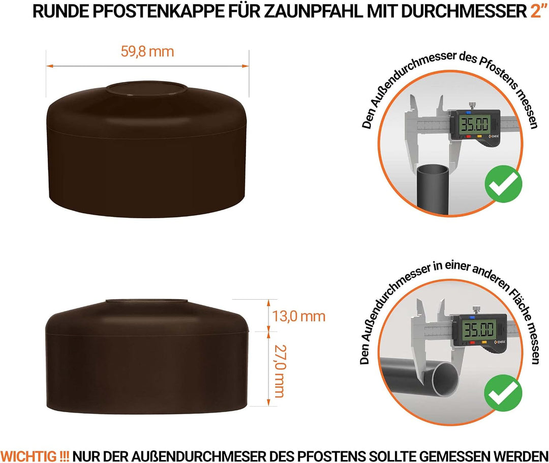 EMFA Zaunpfahlkappe rund 59,8 mm Braun 10 Stück Pfostenkappe rund Zaunpfostenkappen Zaunabdeckung Ku