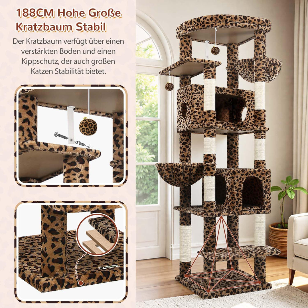 Globlazer Kratzbaum Grosse Leoparden 188 cm mit 2 Grosser Katzenhaus 50 * 30 * 30CM, Extragross Gepo