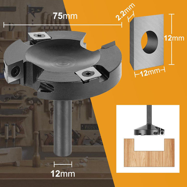 SpeTool Planfräser 12mm Schaft 75mm Schnittdurchmesser Flächenfräser Hobelfräser für Holz Planfräser