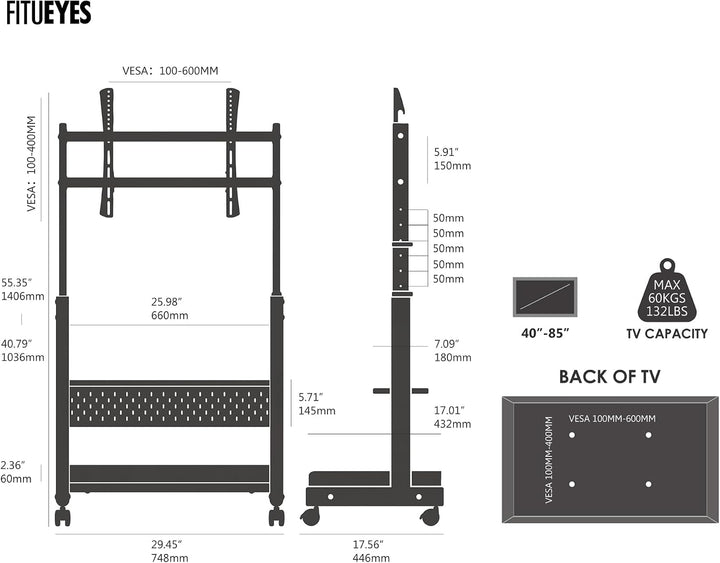 FITUEYES TV Ständer Rollbar Fernsehständer mit Rollen Bodenständer TV Rollwagen für 40-85 Zoll Ferns