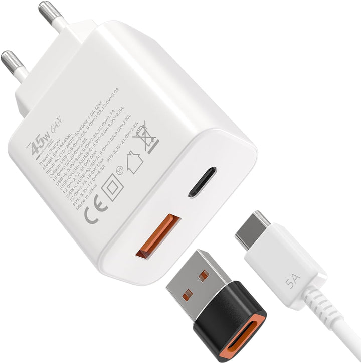 Schnellladegerät Ladeadapter netzteil 45W USB Typ-C 18W USB Typ-A Ladegerät （Weiss 2 Stück） für:iPad