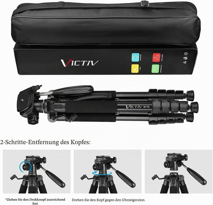 Victiv Kamera Stativ mit 52–160-185cm Höhe, leichtes Camera Tripod mit Abnehmbar 3-Wege-Kopf, Alumin