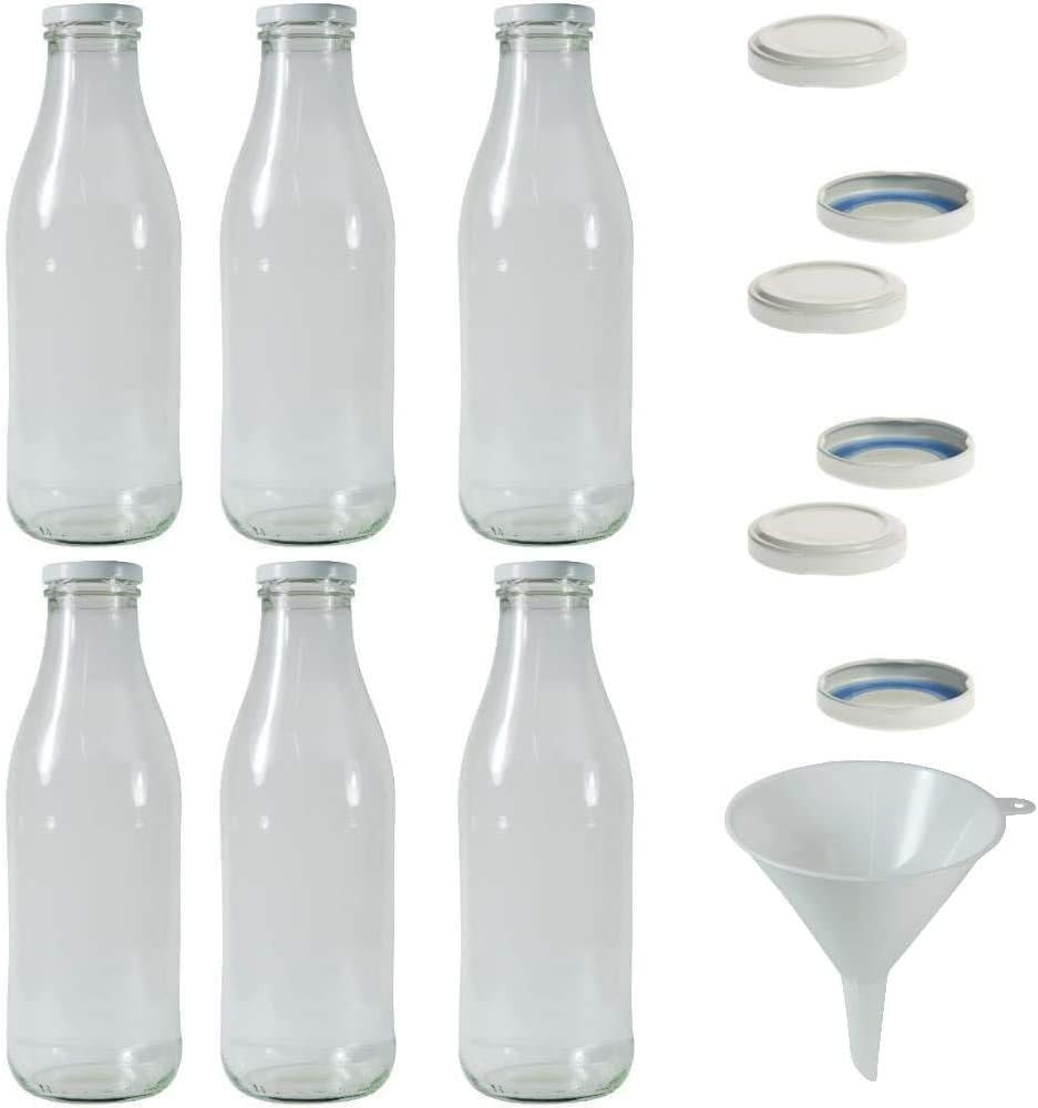 mikken 6x Glasflasche 1 Liter mit 12x PVC freiem Schraubverschluss inkl. Trichter Verschluss: Weiss,