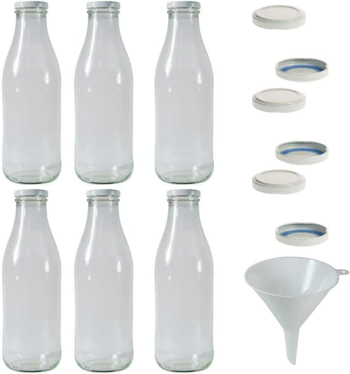 mikken 6x Glasflasche 1 Liter mit 12x PVC freiem Schraubverschluss inkl. Trichter Verschluss: Weiss,