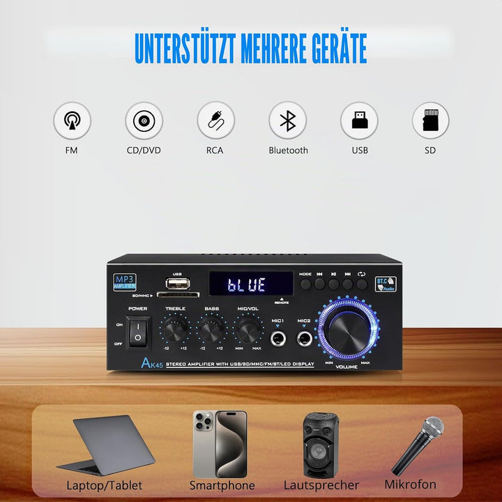 Stereo-Empfänger und Verstärker, Heim-Audio, Bluetooth, 5.0 A, Heimverstärker, FM-Radio, USB, SD-Kar