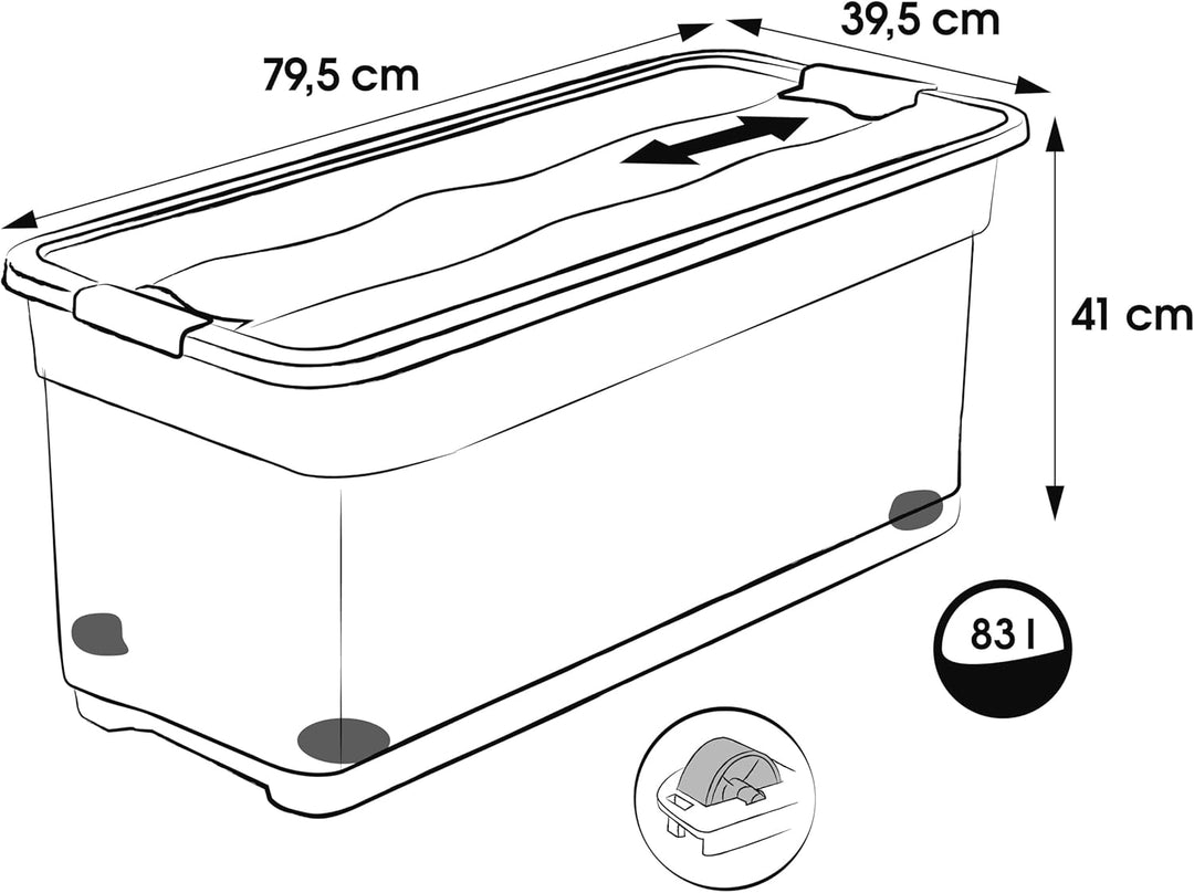 keeeper Aufbewahrungsbox mit Rollen, Deckel und Schiebeverschluss, 79,5 x 39,5 x 41 cm, 83 l, Konrad
