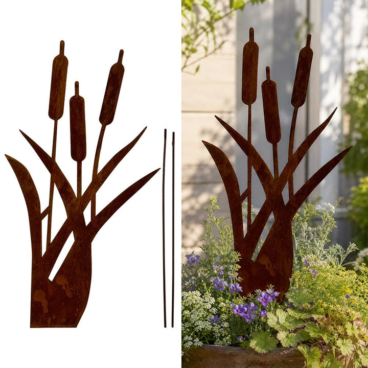 Gartenstecker Rost Schilfgräser, Gartenstecker Metall, Gartendeko Rost für Draussen, Edelrost Garten