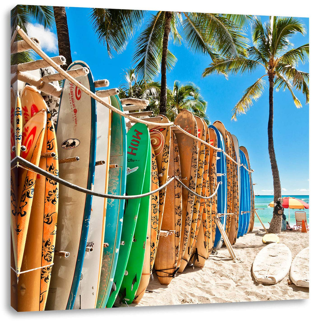 Surfboards am Strand, Format: 70x70 auf Leinwand, XXL riesige Bilder fertig gerahmt mit Keilrahmen,