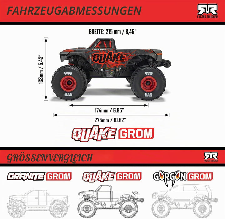 ARRMA RC Truck 1/16 Quake GROM 4X4 RTR Brushed Monster Truck (Akku & Ladegerät enthalten), Rot, ARA2
