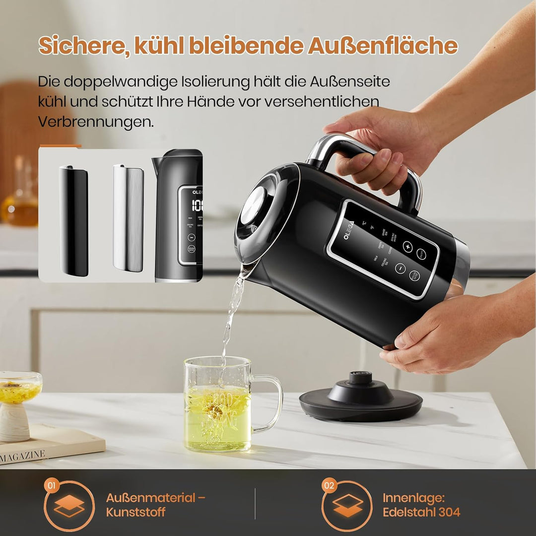 OLEGA Wasserkocher: 1800 W Wasserkocher mit Temperaturregelung, 1,5 l Fassungsvermögen, Edelstahl, S