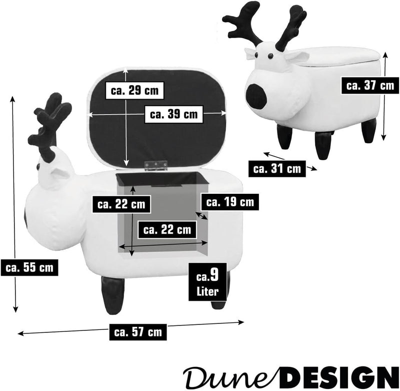 DuneDesign Rentier Spielzeug Hocker mit Stauraum - 57x31x55 Sitzhocker für Kinder - Kinderzimmer Dek