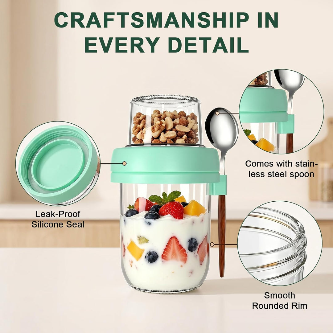 CEWROM 4er Set Müslibecher to Go,480 ml Haferglas mit Deckel, Doppelwandiger Glasbehälter mit Deckel