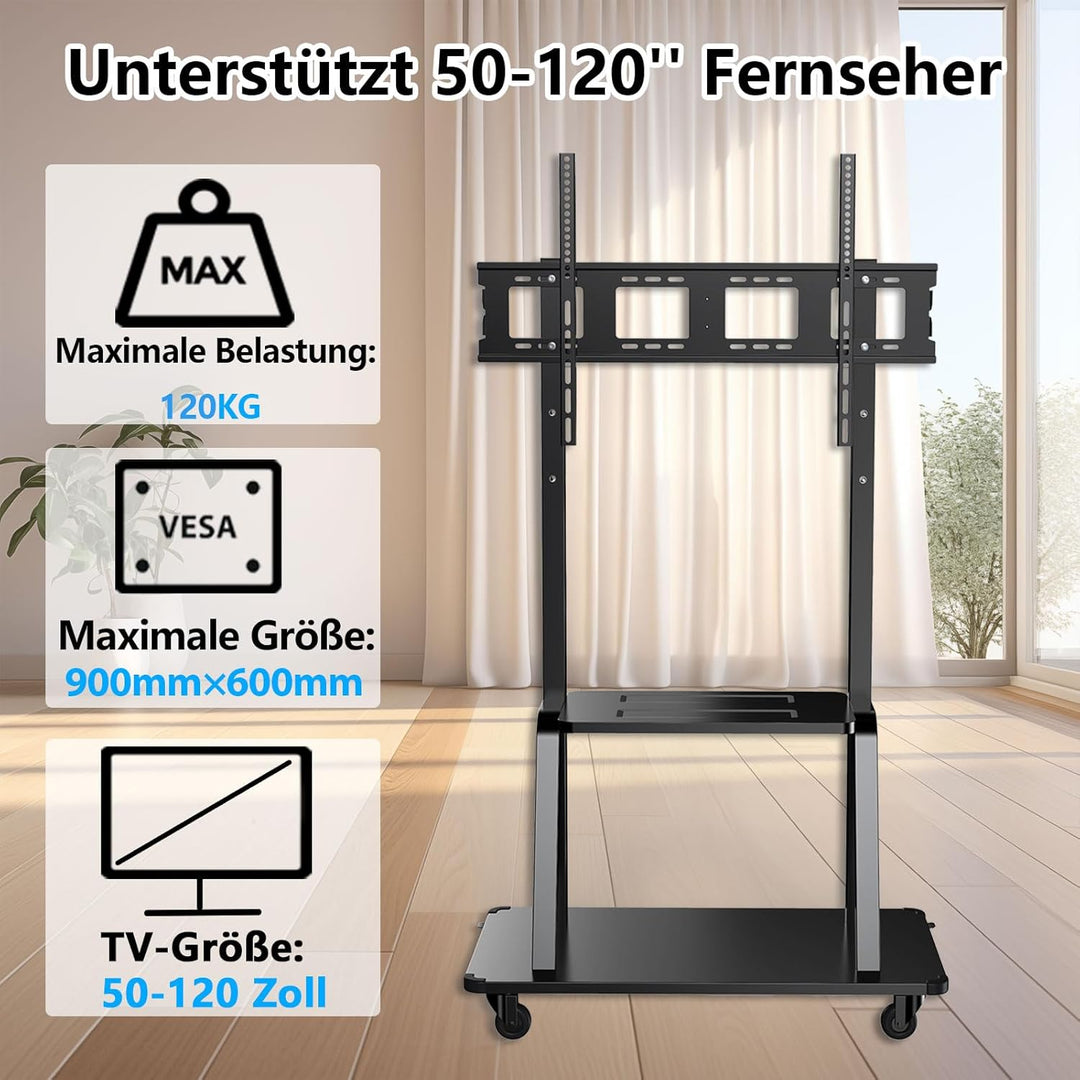 JXMTSPW TV Ständer Rollbar für 32-120 Zoll Fernseher, TV Wagen mit Tablett, Fernsehständer Höhenvers