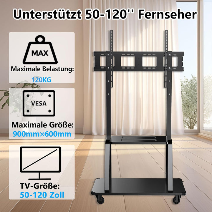 JXMTSPW TV Ständer Rollbar für 32-120 Zoll Fernseher, TV Wagen mit Tablett, Fernsehständer Höhenvers
