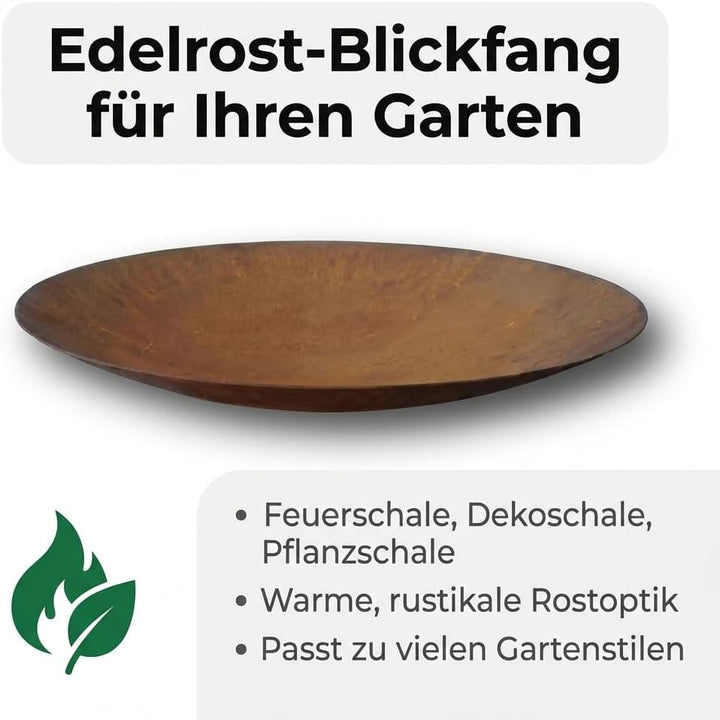 Feuerschale Garten aus Metall, runde Edelrost Feuerschale in Rostoptik, dekorative Feuerstelle für T