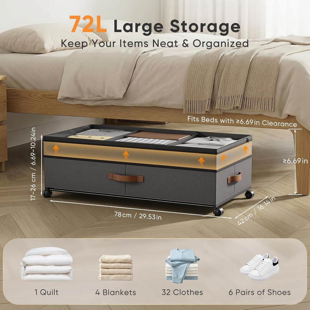 2 Stück Unterbett Aufbewahrungsbox 72L, Unterbettkommode Bettkasten mit Rollen 360°Drehung, Unterbet