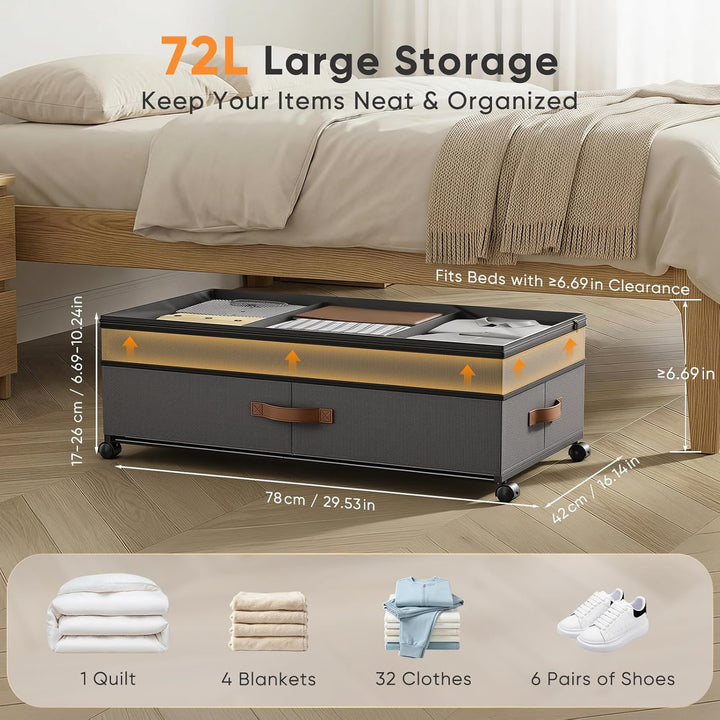 2 Stück Unterbett Aufbewahrungsbox 72L, Unterbettkommode Bettkasten mit Rollen 360°Drehung, Unterbet